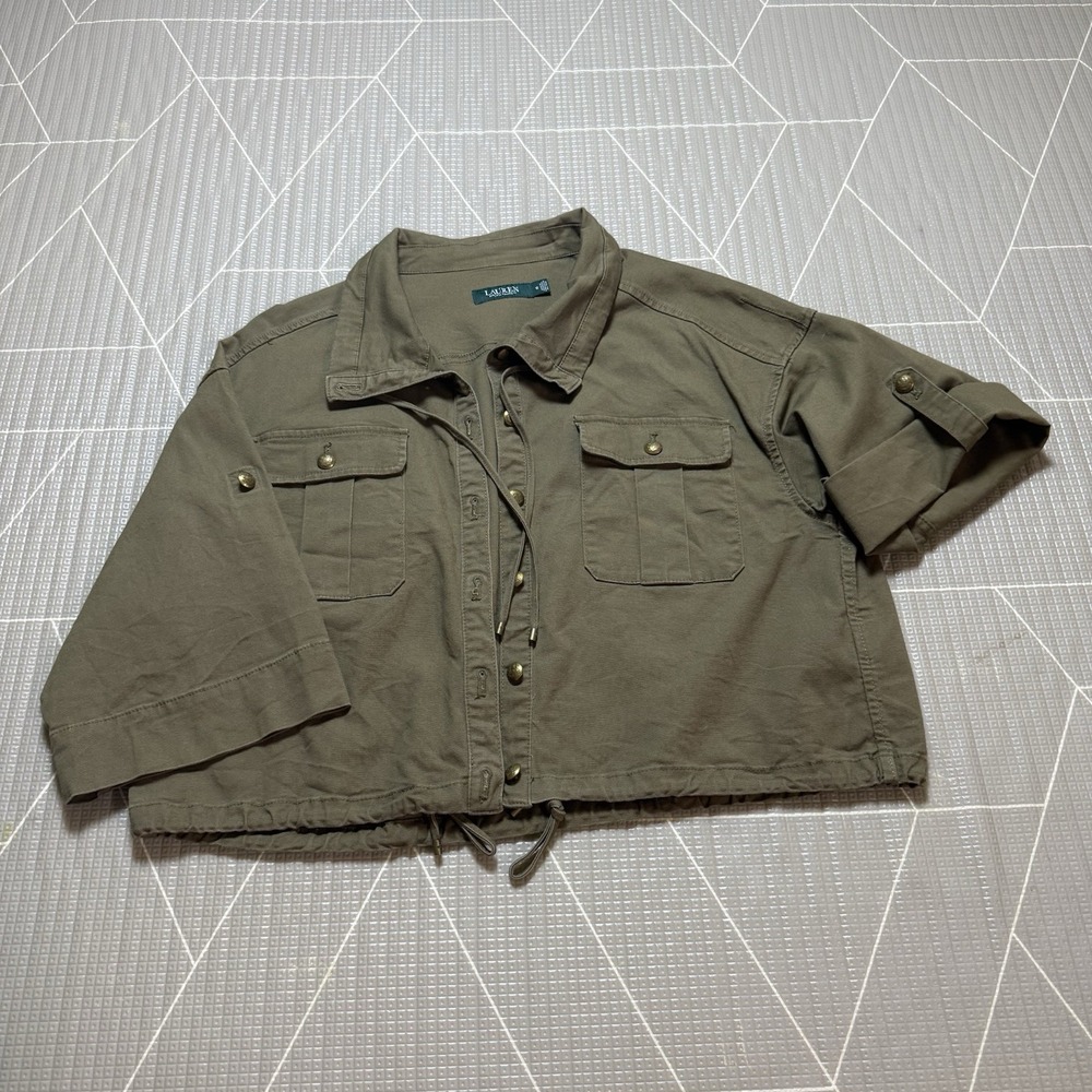 Lauren Ralph Lauren Drawcord Canvas Jacket 12 Army Green Military Gold Hardware